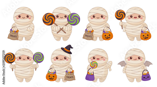 Chubby Kawaii Mummies with Spiral Lollipops and Candy Bags Halloween Mascot Vector Collection