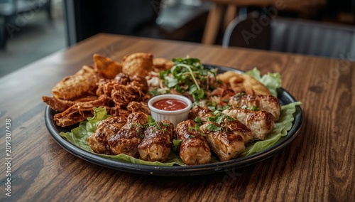Fresh Food Served on a Plate With Fried Items and Some Sauce in a Food Setting