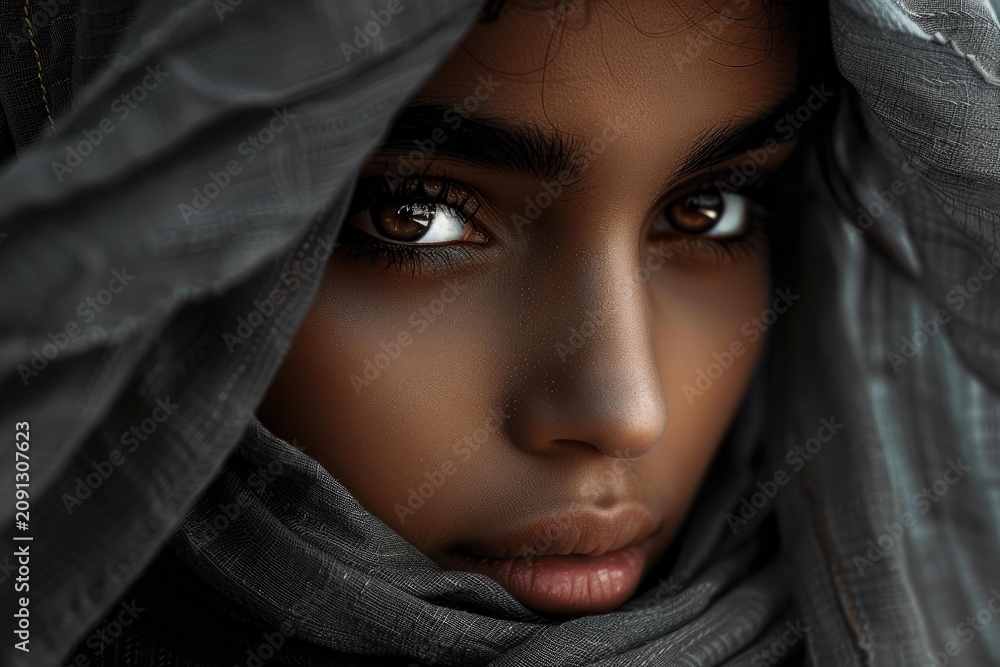 Fototapeta premium Close up of a woman with brown eyes wearing a gray veil, creating an aura of mystery and intrigue