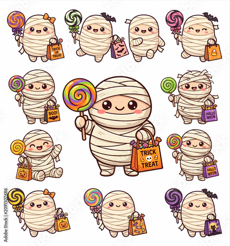 Cute Kawaii Mummies with Spiral Lollipops and Candy Bags Halloween Mascot Vector Collection