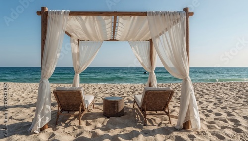 Seating Area by the Beach With Curtain Drapes and Ocean View During the After...