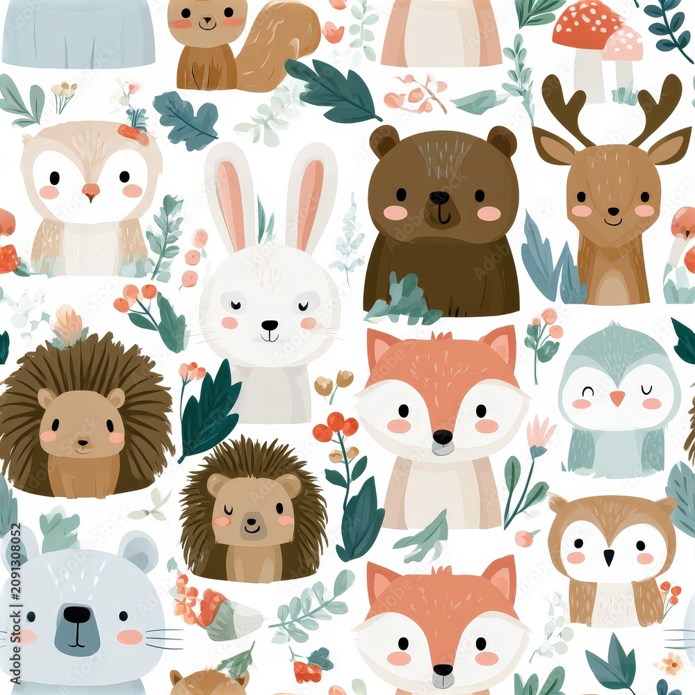 Fototapeta premium Woodland animals seamless pattern with fox squirrel bear and owl, forest nursery theme, playful nature decor, charming illustration.