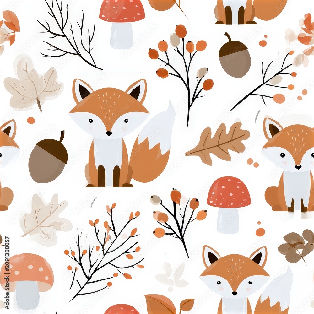 Fototapeta premium Cute fox seamless pattern with autumn leaves and berries, woodland nursery theme, playful forest decor, charming wildlife illustration.