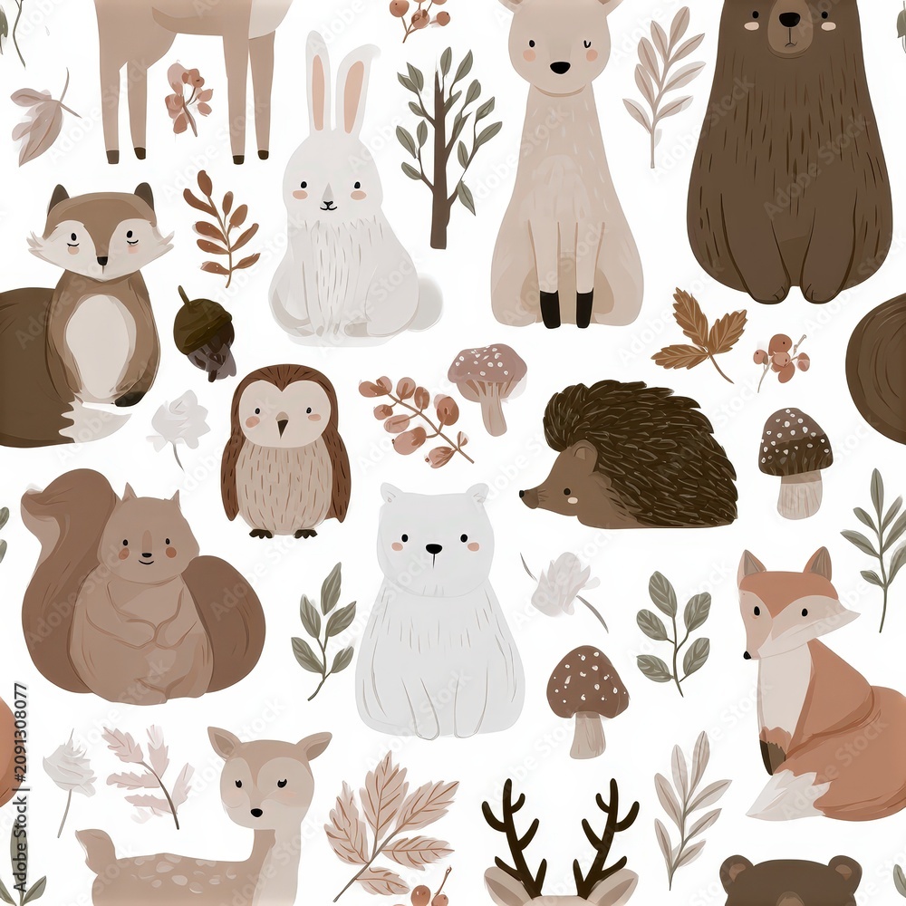 Fototapeta premium Woodland animals seamless pattern with fox squirrel bear and owl, forest nursery theme, playful nature decor, charming illustration.