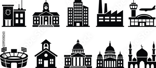 Fotografía comprehensive flat vector icon set featuring black silhouettes of urban architec