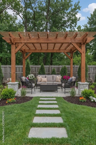 Backyard Pergola With Seating Area and Garden Path on a Sunny Day