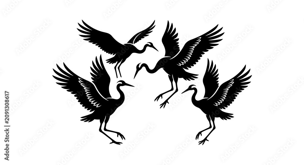Obraz premium Black silhouette illustration of flying cranes.