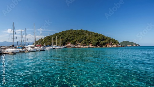 Sailboats Anchored Near a Small Island in Clear Blue Water During Daytime