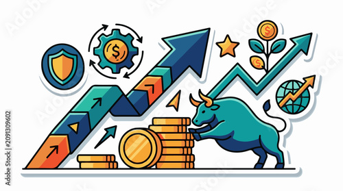 A colorful illustration of a bull pushing a stack of coins with arrows and symbols