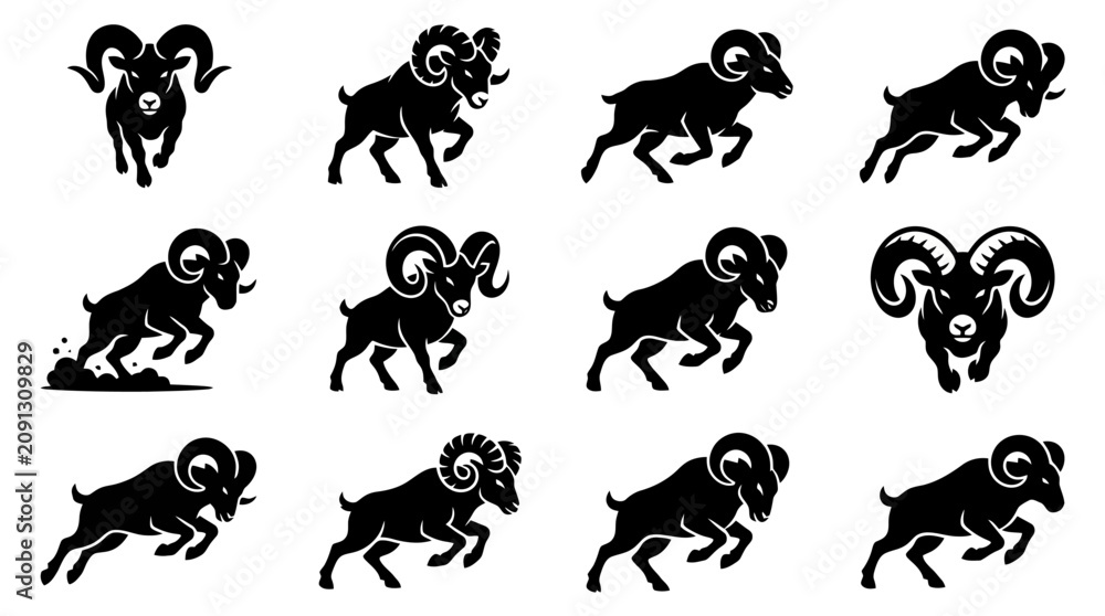 Naklejka premium A collection of black ram silhouettes.