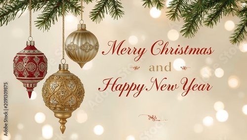 Decorative Ornaments Hang on a Christmas Tree With Lights and a Festive Messa...