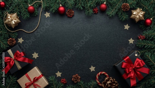 Holiday Decorations With Gifts and Ornaments on a Dark Wooden Surface