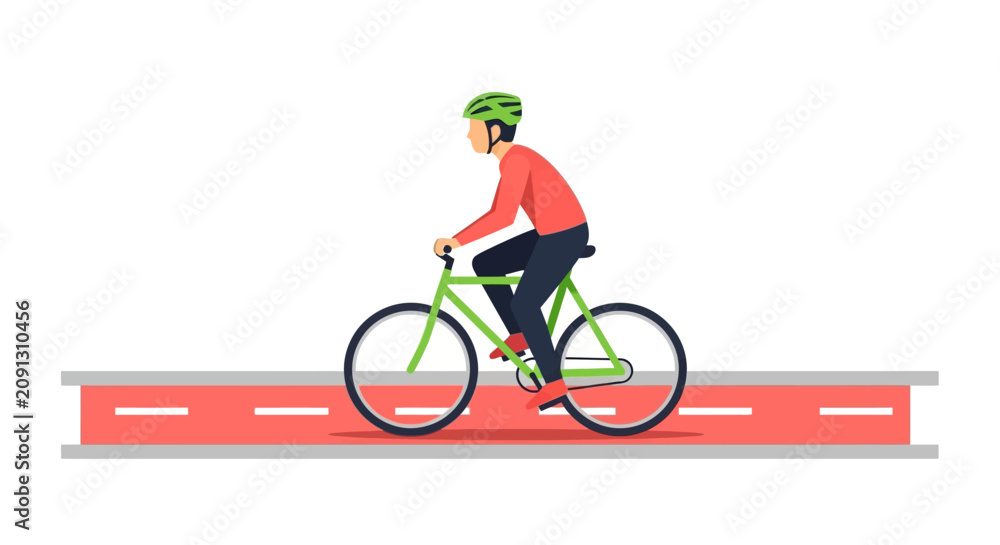 Fototapeta premium Male Cyclist Riding a Green Bicycle on a Red Bike Lane Flat Vector Illustration