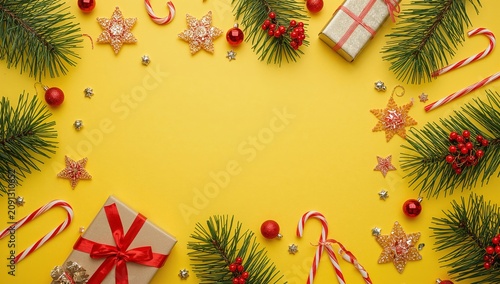 Holiday Decorations Show Gifts, Candy Canes, and Ornaments on a Bright Yellow...