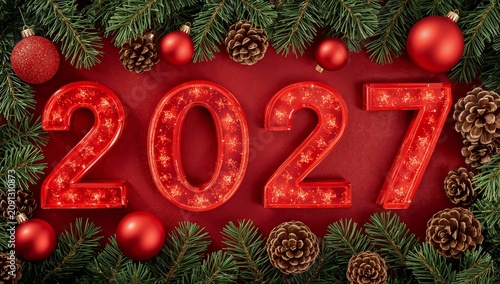 New Year Celebration 2027 With Decorations and Pine Cones on Red Background