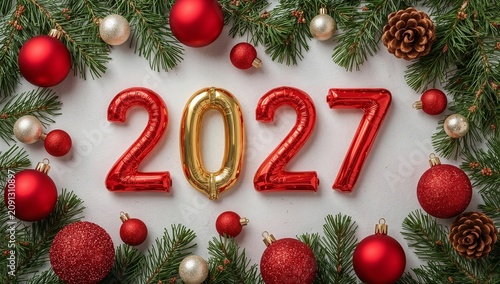 Celebration of New Year With Decorations and Balloons on White Background for...