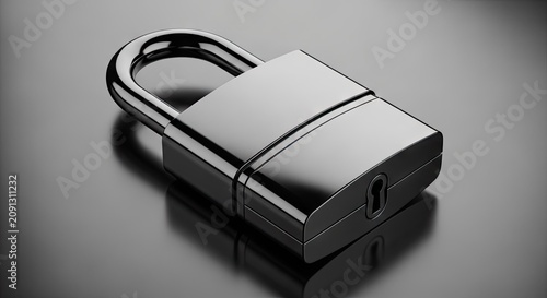 Black metallic smart lock on reflective surface.