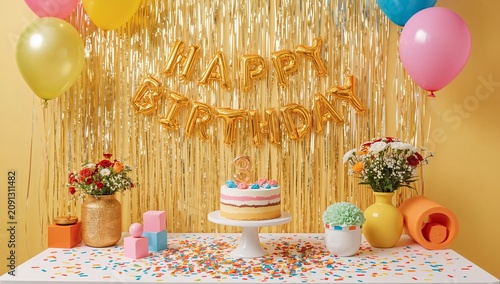 Birthday Party Setup With Cake, Decorations, and Flowers in Cheerful Colors f...