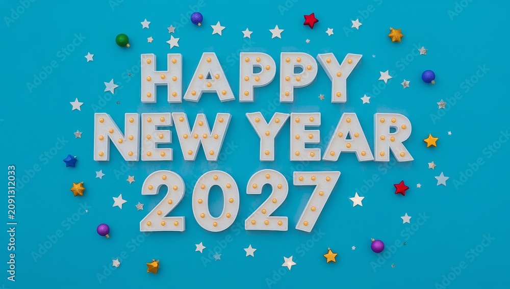Fototapeta premium Celebration of New Year 2027 With Bright Letters and Colorful Decorations on a Blue Background