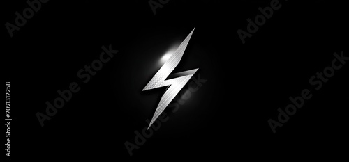 A metallic silver lightning bolt icon set against a black background with subtle lighting effects