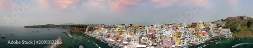 Crystal clear aerial view of Procida island and Mediterranean seascape