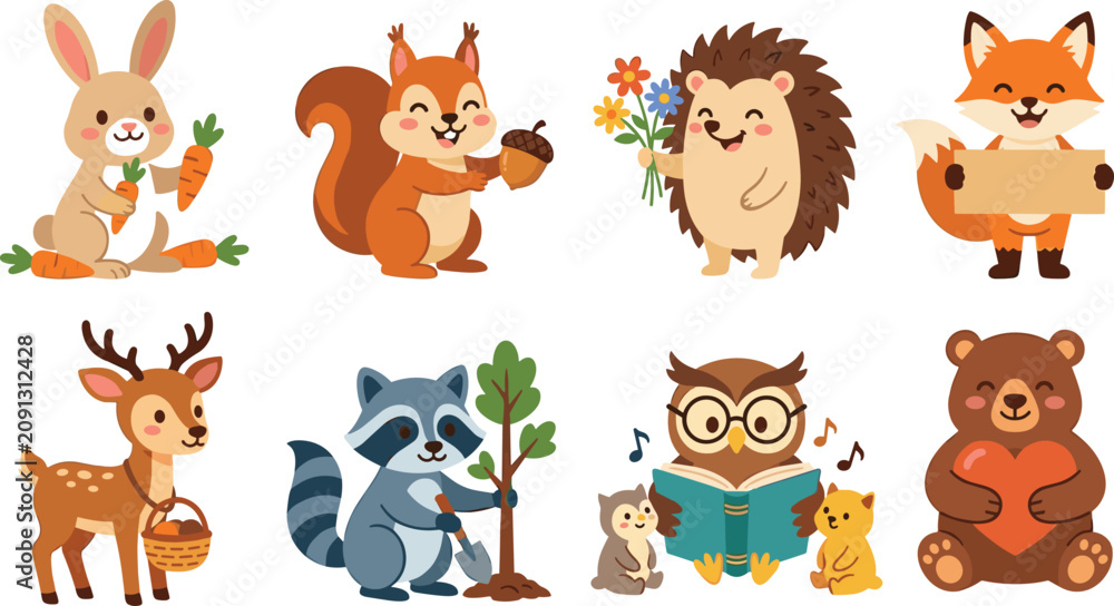 Naklejka premium Cute Woodland Animal Collection Featuring Rabbit, Squirrel, Hedgehog, Fox, Deer, Raccoon, Owl, and Bear Engaged in Nature and Friendship Activities for Children and Education Design Concepts
