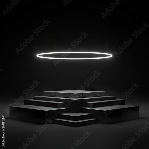 Black tiered podium with white neon ring light