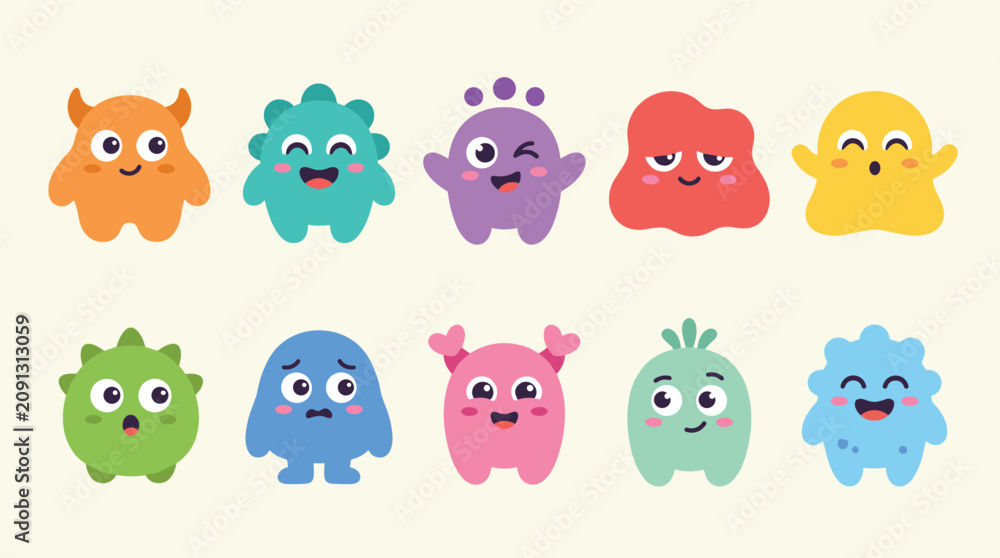 Obraz premium Cute colorful monster mascot characters with playful facial expressions vector