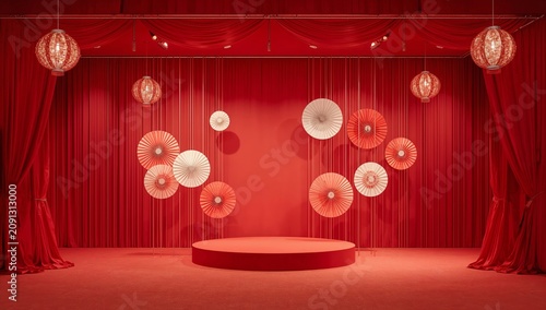 Stage Setup With Red Drapes and Decorative Elements for a Cultural Event or C...
