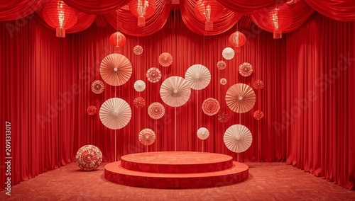 Stage Setup With Red Drapes and Decorative Elements for a Cultural Event or C...