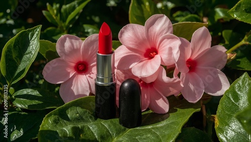 Red Lipstick Placed Among Pink Flowers in a Garden During Daylight