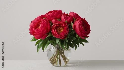Bouquet of Red Peonies Arranged in a Clear Glass Vase on a White Surface