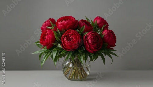 Beautiful Bouquet Displays Red Peonies in a Clear Vase on a Gray Background D...