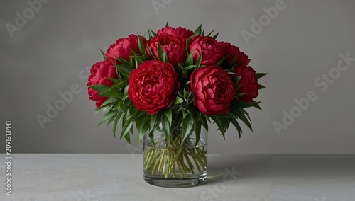 Beautiful Bouquet Displays Red Peonies in a Clear Vase on a Gray Background D...