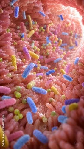 Colorful bacteria grow along intestinal lining in a microscopic view of gut microbiome health