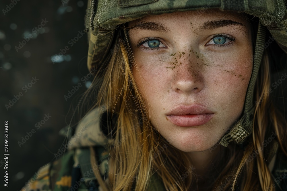 Fototapeta premium Close up of a focused female soldier in military gear