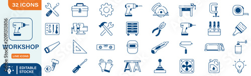 Foto Workshop Line Icons Set: Hand Tools, Hardware Equipment, Carpentry, and DIY Repa