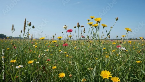 Bright Flowers Bloom in a Field During Sunny Day in Spring Season