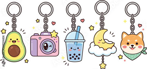 Konstfotografi Cute cartoon keychains vector collection featuring happy avocado camera bubble t