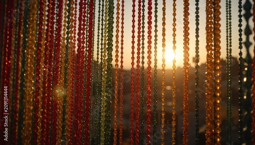 Colorful Strings Hang in Front of Sunset in an Outdoor Setting During Late Af...