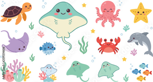 Photography Cute cartoon sea animals vector collection featuring happy stingray turtle octop