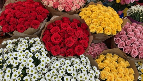 Colorful Flowers Arranged in a Market Create a Lively Scene During the Daytime