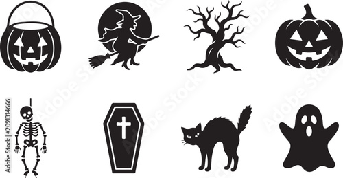 Obraz na plátně Halloween icons pumpkin candy bucket witch tree coffin skeleton black cat ghost