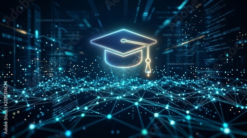 Digital graduation cap icon with glowing network lines and data points
