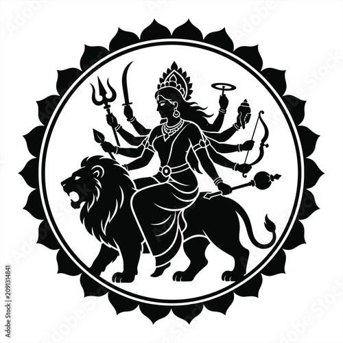 Black and White Vector Illustration of the Hindu Goddess Durga Riding a Majestic Lion Inside a Circular Decorative Lotus Border