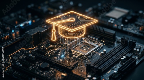 Digital graduation cap glowing on circuit board for technology education