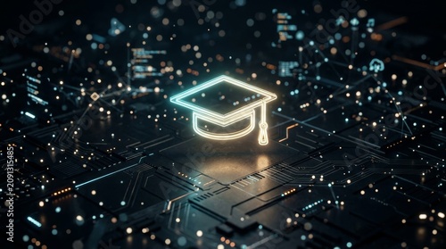 Glowing Graduation Hat Symbol Illuminating Digital Circuit Board Technology