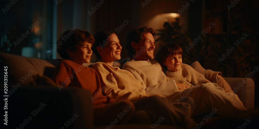 Fototapeta premium A family of four, two parents and two children, sitting on a couch at night and watching something on television. They are all smiling and appear engaged with the screen