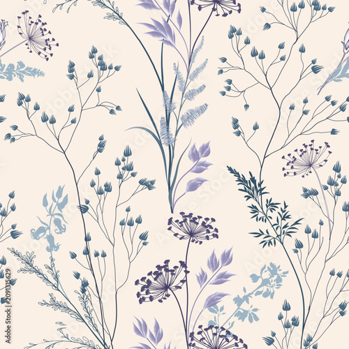Flourish seamless pattern. Branch, flowers, leaves, grass, flowers gentle mea...