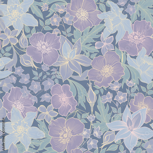 Floral seamless pattern. Flower background. Flourish garden texture with flow...
